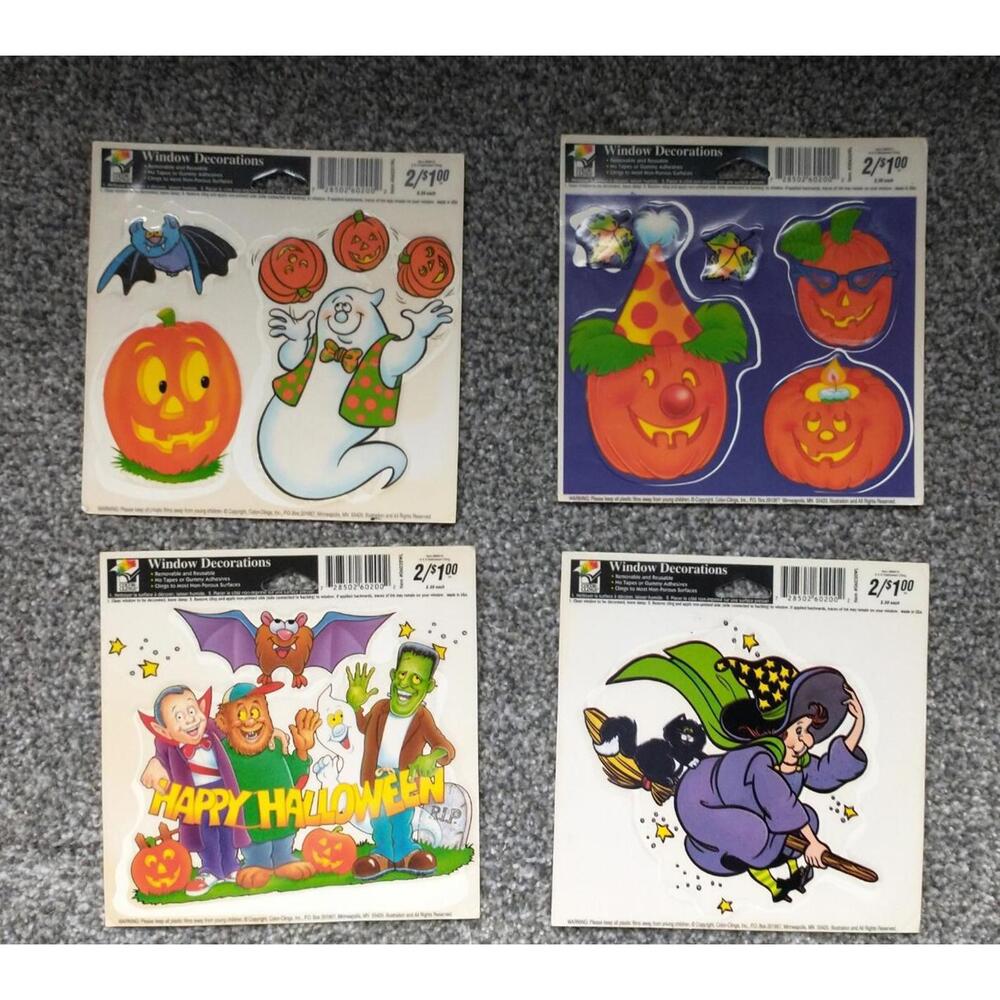 Vintage Color Clings Halloween Fall Pumpkin Window Clings Lot of 4 Ghost Witch